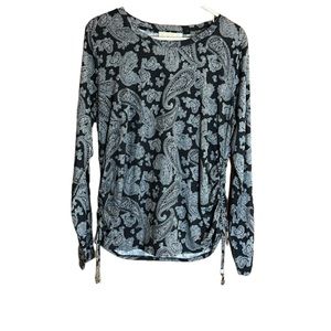 Michael Kors Black Paisley Long Sleeve Crew Neck Gathered Tie Sides T- Shirt NWT